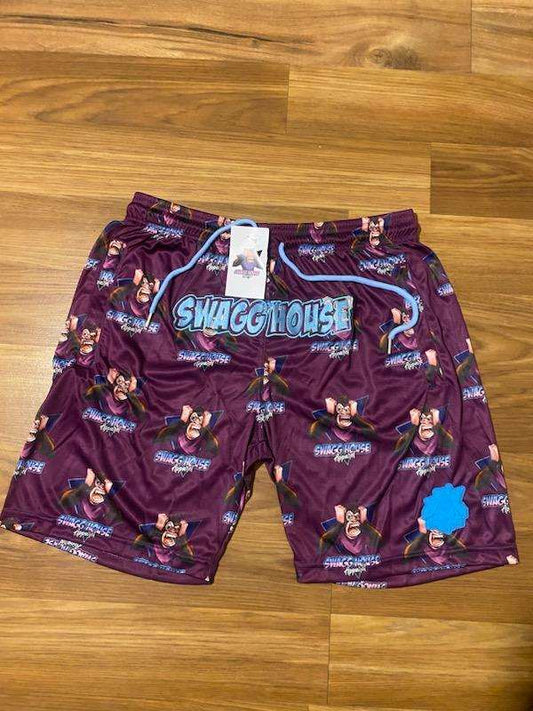 SWAGGHOUSE CUSTOMIZED LOGO ALL OVER (GYM SHORTS)   PURPLE, BLACK. GREEN